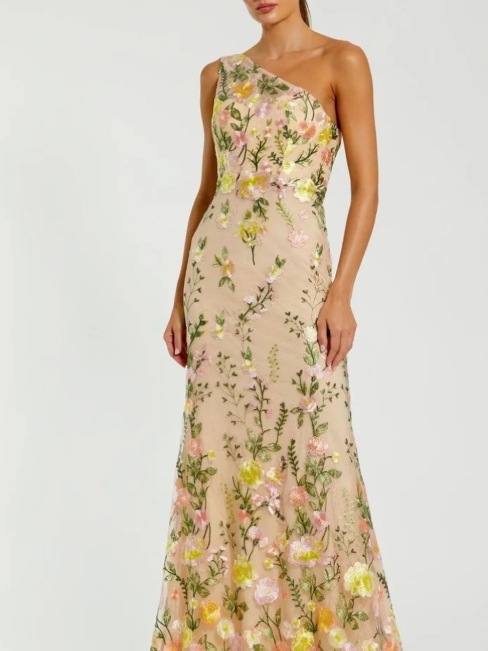 Mac Duggal One-Shoulder Floral Embroidered Gown in Nude, Pink & Yellow
